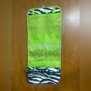 Zebra Print Black White Green Travel Roll Up Hanging Toiletry Bag w/ Zip Pockets